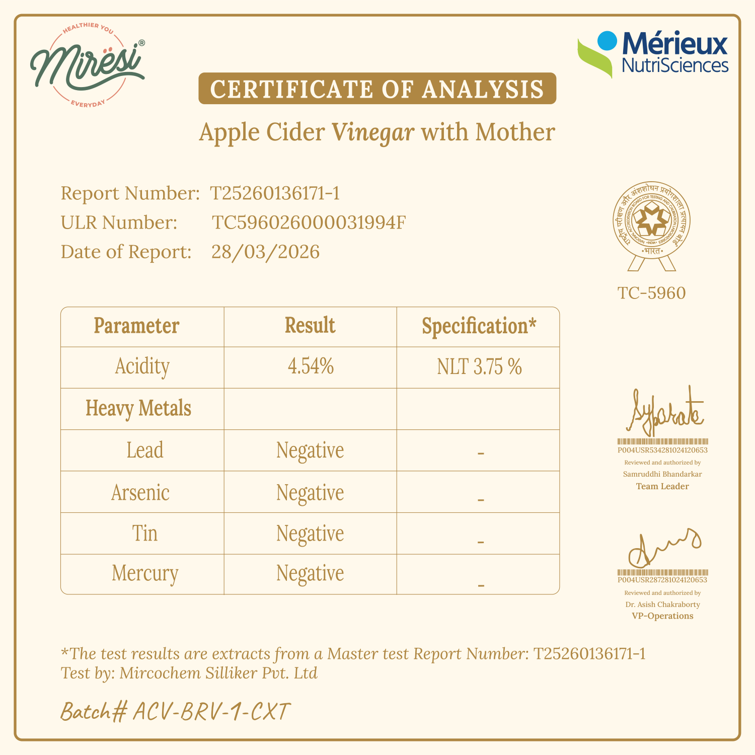 Certificate of Analysis for Apple Cider Vinegar with the mother