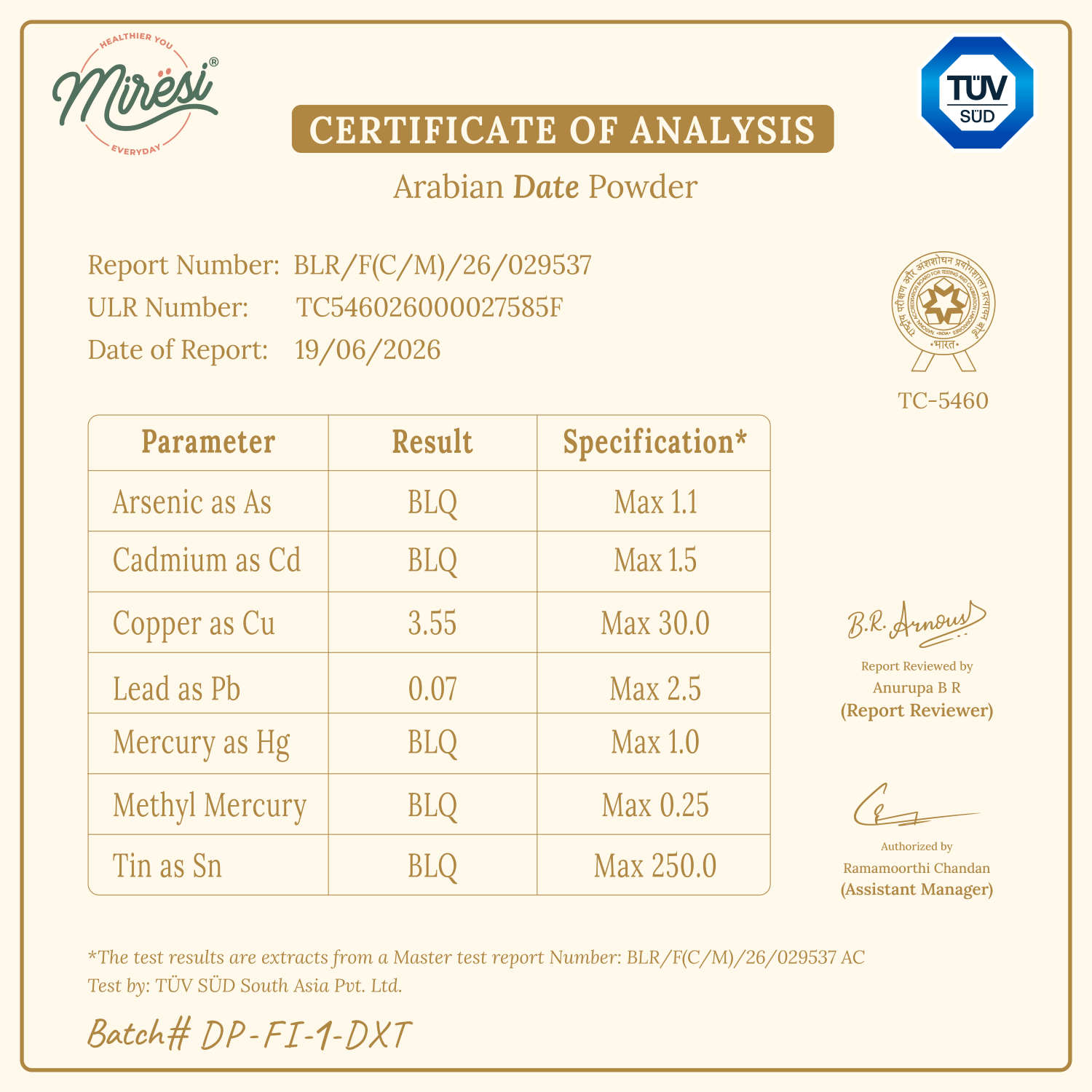 Certificate of Analysis for Arabian Date Powder