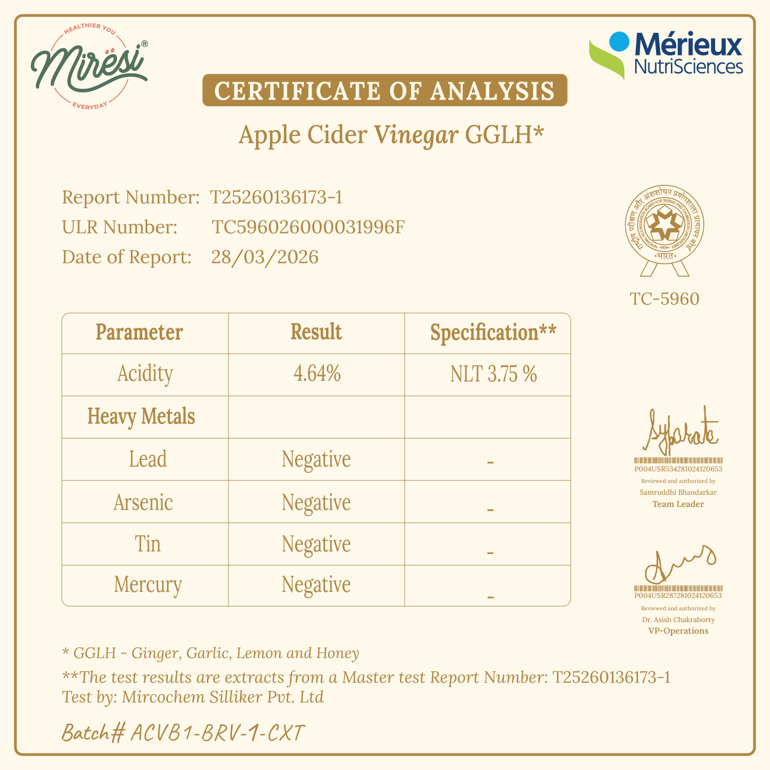 Certificate of Analysis for ACV-Enriched with Ginger, Garlic, Lemon, and Raw Honey