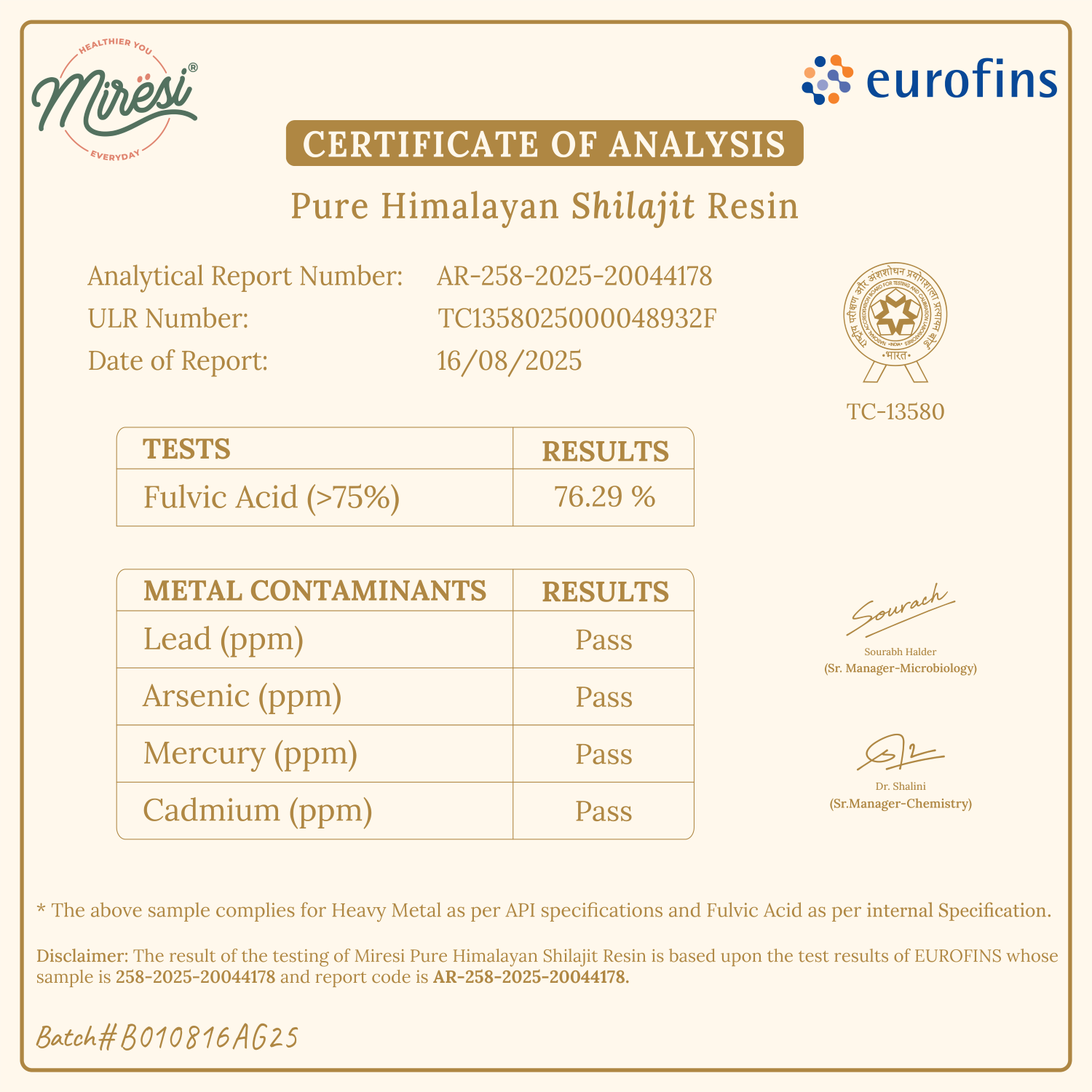 Certificate of Analysis for Shilajit Resin
