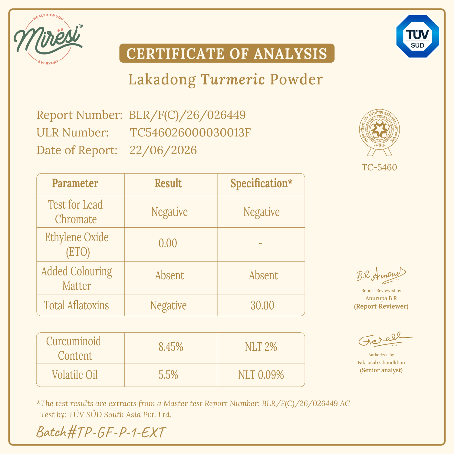 Certificate of Analysis for Lakadong Turmeric Powder